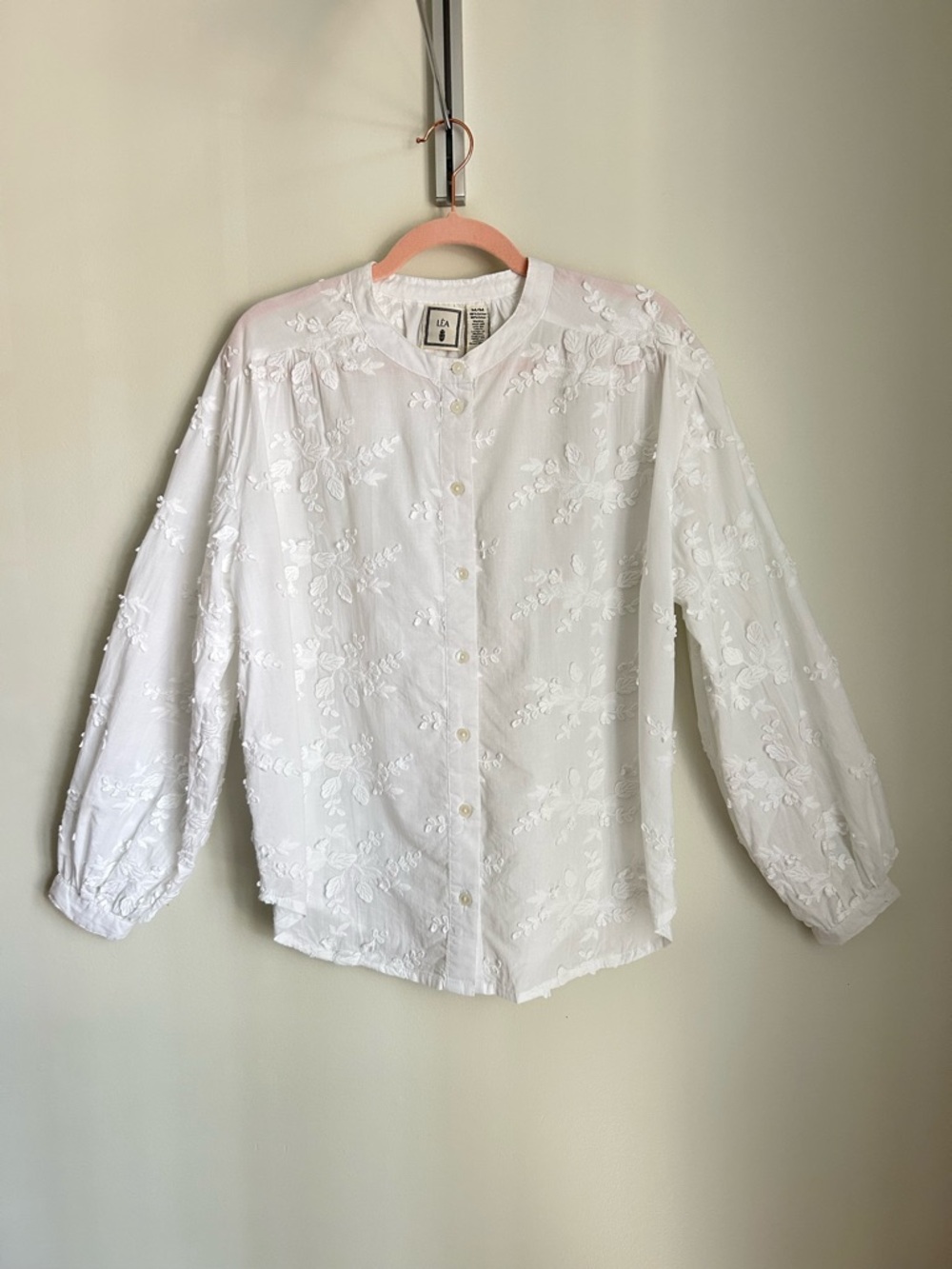 Léa 100% Cotton Embroidered White Button-Front Blouse, Size Medium